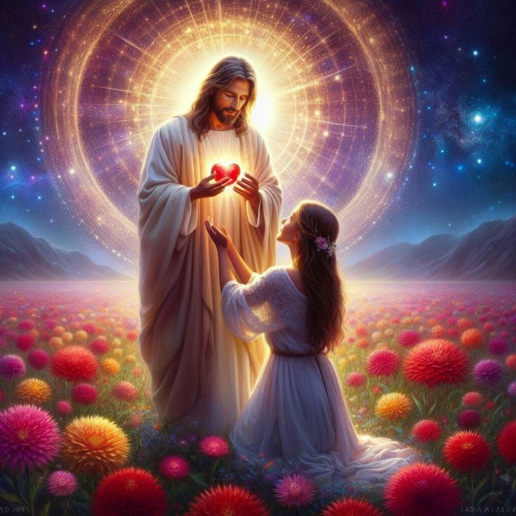 jesus is holding a heart shaped heart in the middle of a field