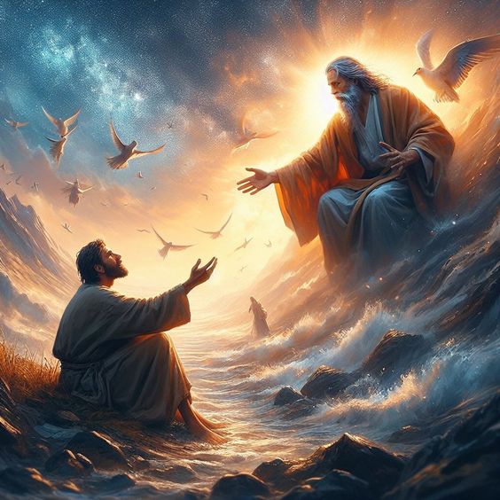 God the Father giving hand to Jesus Christ