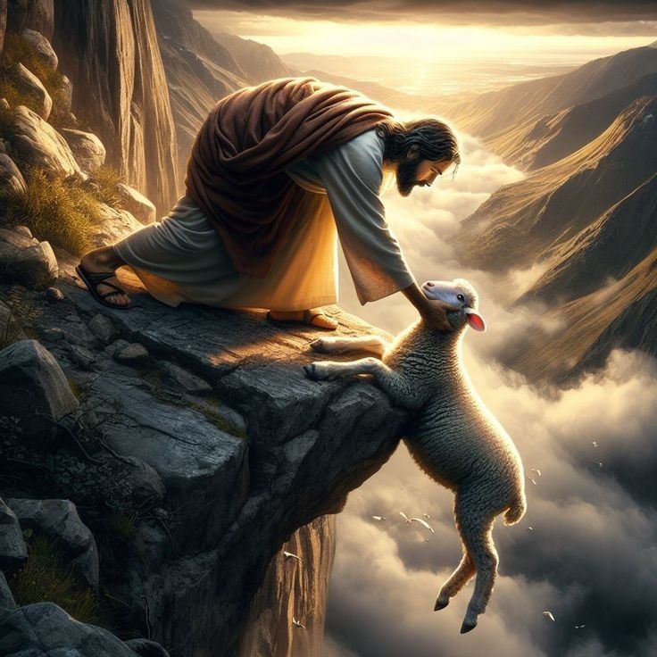 Jesus giving a helping hand to save his sheep