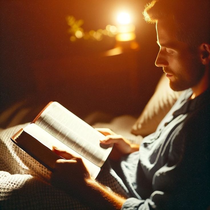 The boy attentively reads the Bible