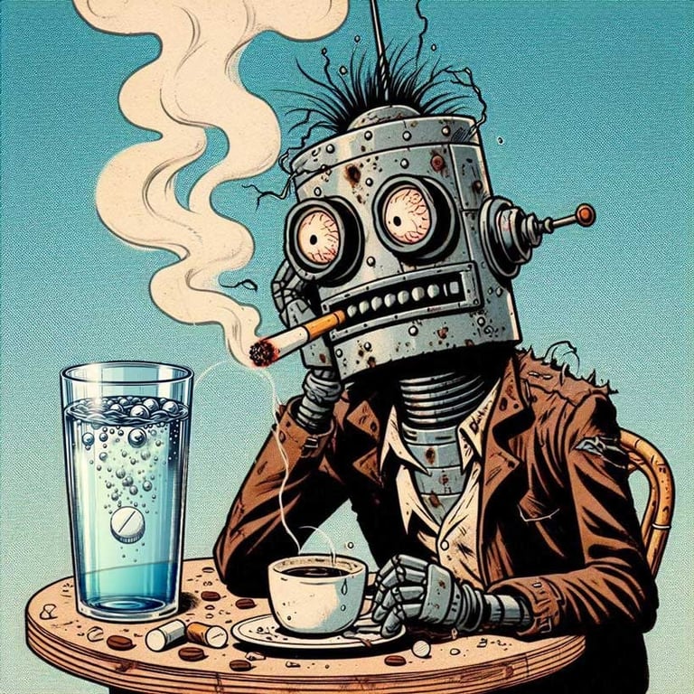 un robot mal réveillé avec une tasse de café et une aspirine
