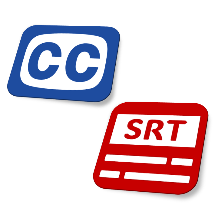 Closed Caption (CC) and SubRip Subtitle (SRT) logos representing captioning and subtitling services