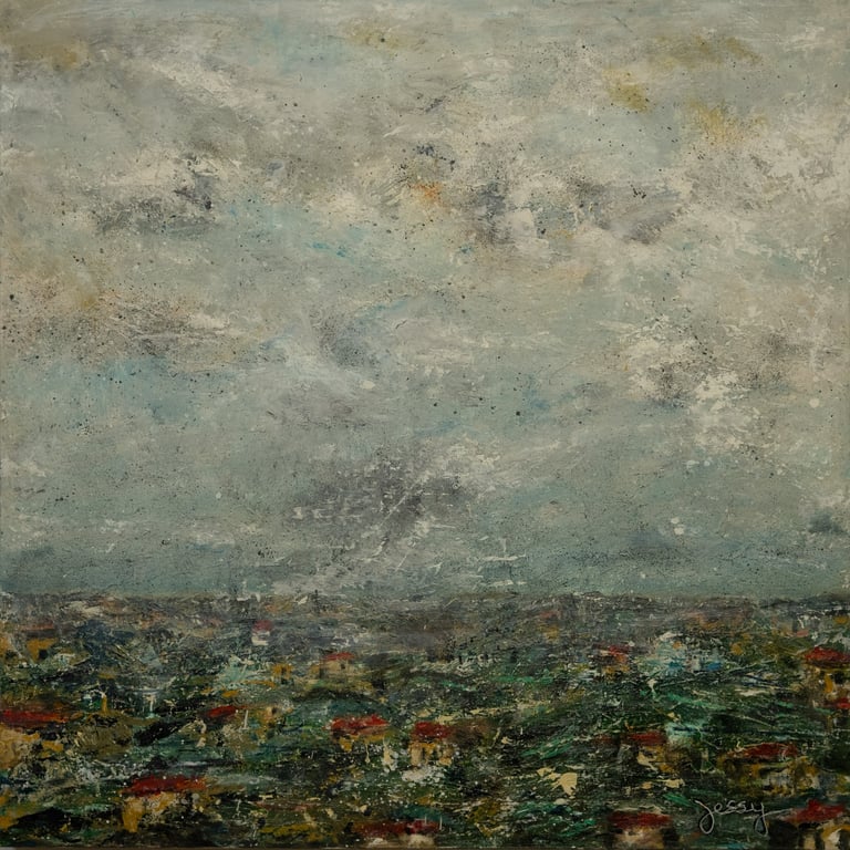 Acrylic on canvas painting of cloudy city in Lebanon by artist Jessy Tabet