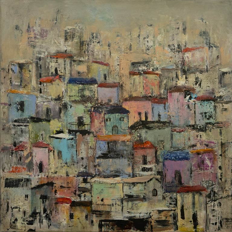 Acrylic on canvas painting with colorful shades of a village in Lebanon by artist Jessy Tabet
