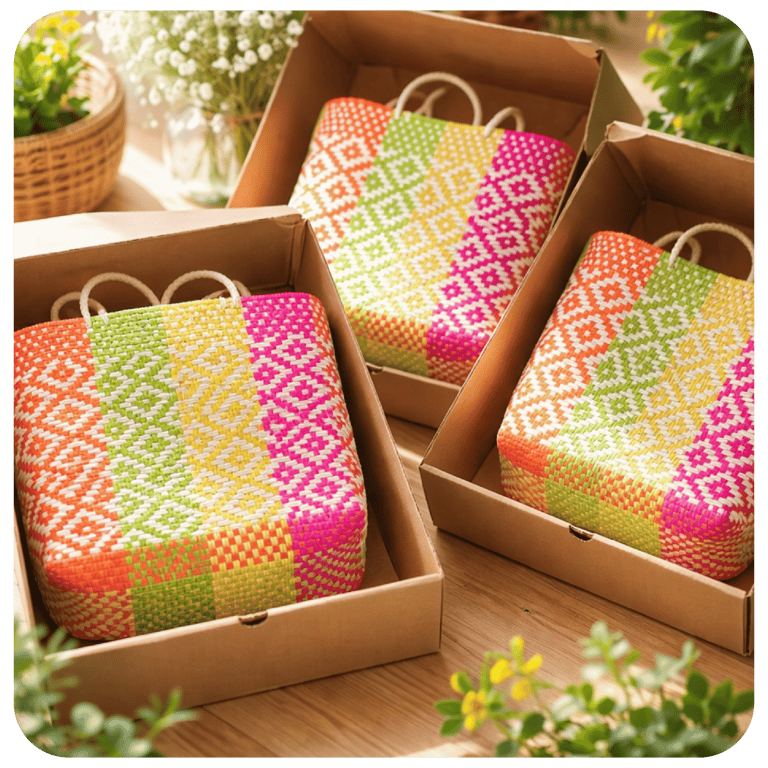 Hampers tas anyaman plastik warna-warni custom Craftvitas Indonesia untuk souvenir dan gift