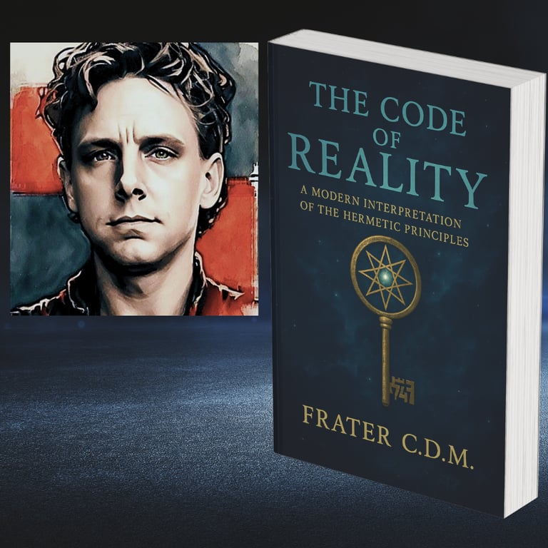 Image showing the code of reality cover next to a stylized portrait of the author Frater CDM