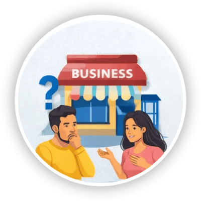 Two entrepreneurs discussing small business strategy in front of a storefront with a question mark.