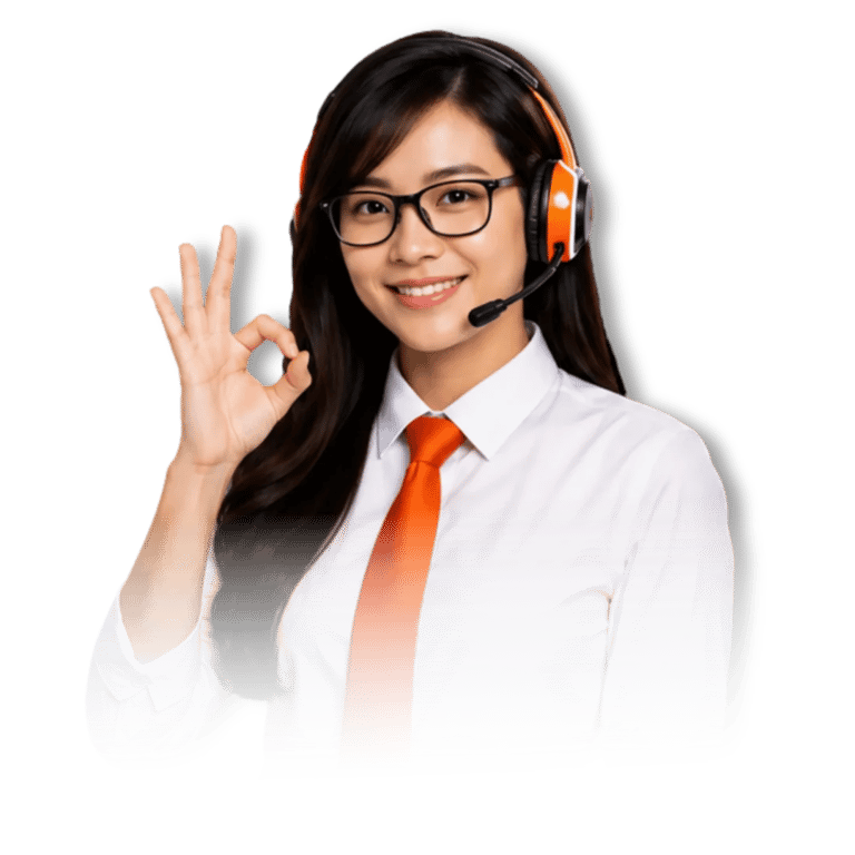 Smiling TMN technical support agent with headset showing OK sign gesture.