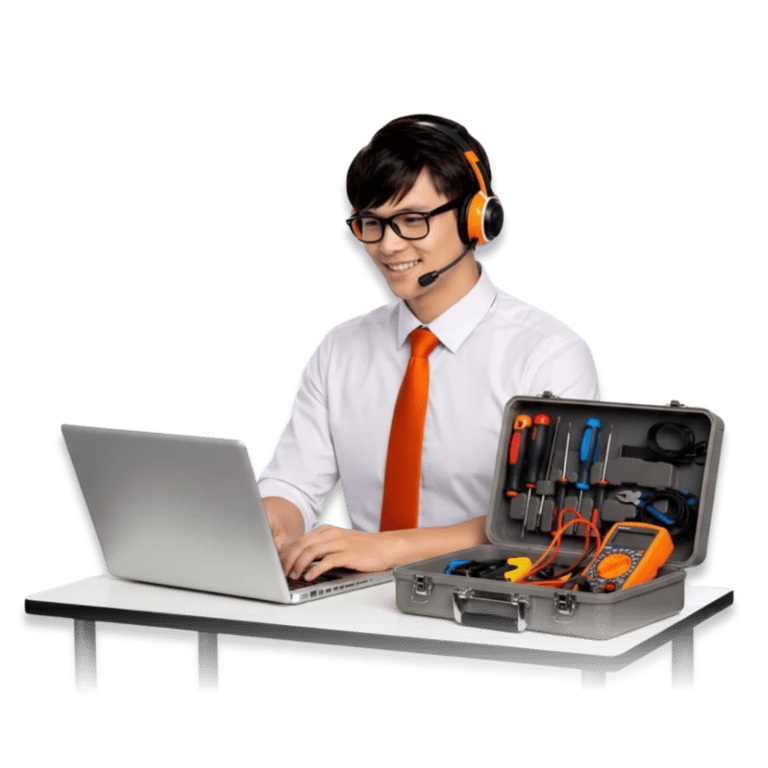 A smiling IT technician with a headset uses a laptop next to a professional tool kit for hardware repair.