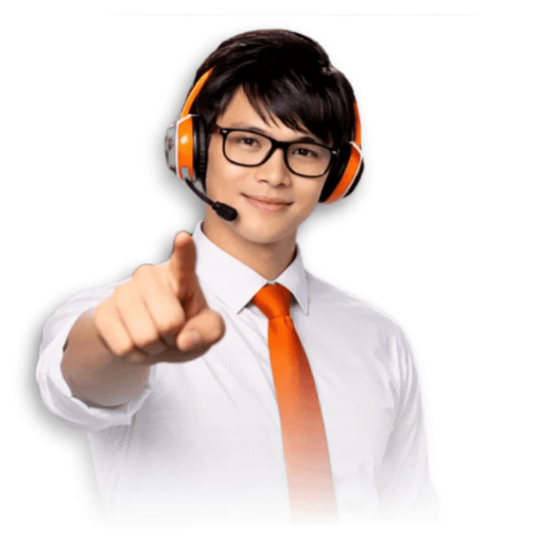 technical support agent wearing orange headset and tie pointing forward on black background.