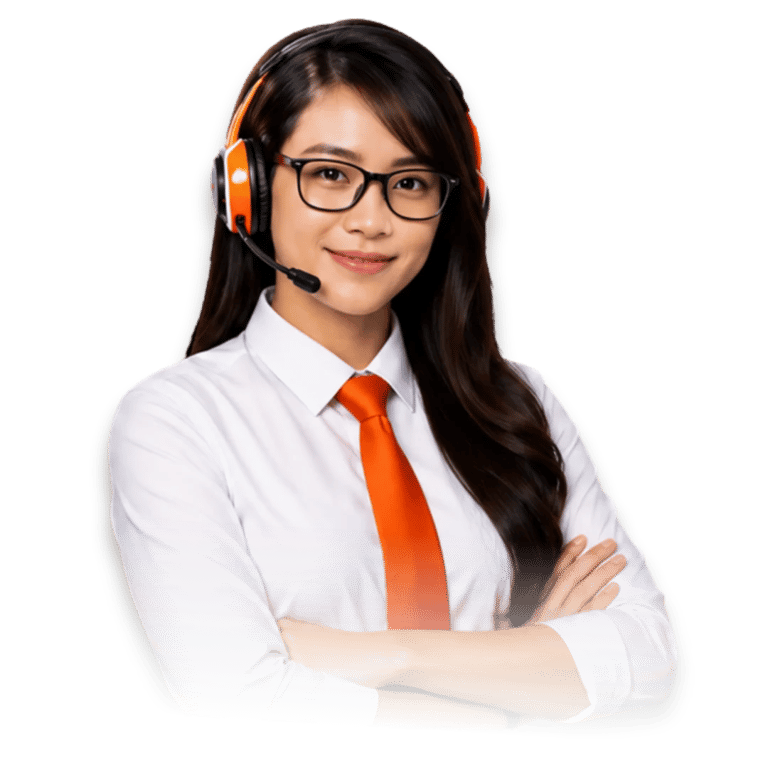 Professional female customer support representative wearing a headset and orange tie.