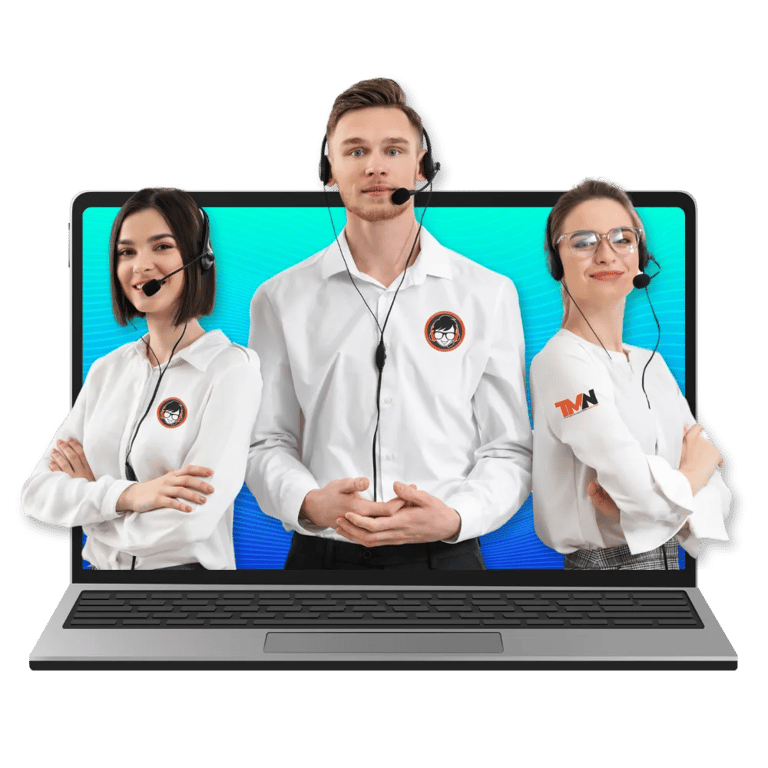 Three TaskManager-Nexus tech support reps in headsets and white shirts, confidently posed against a sleek black background.