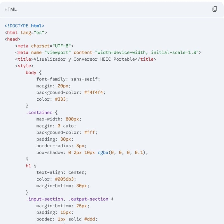 Extracto de código HTML generado por Gemini para el visualizador de imágenes HEIC.