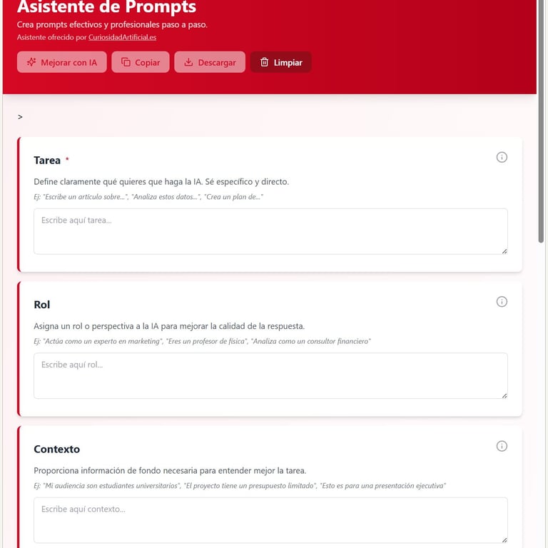 Captura del artefacto creado con Claude, Asistente de Prompts.