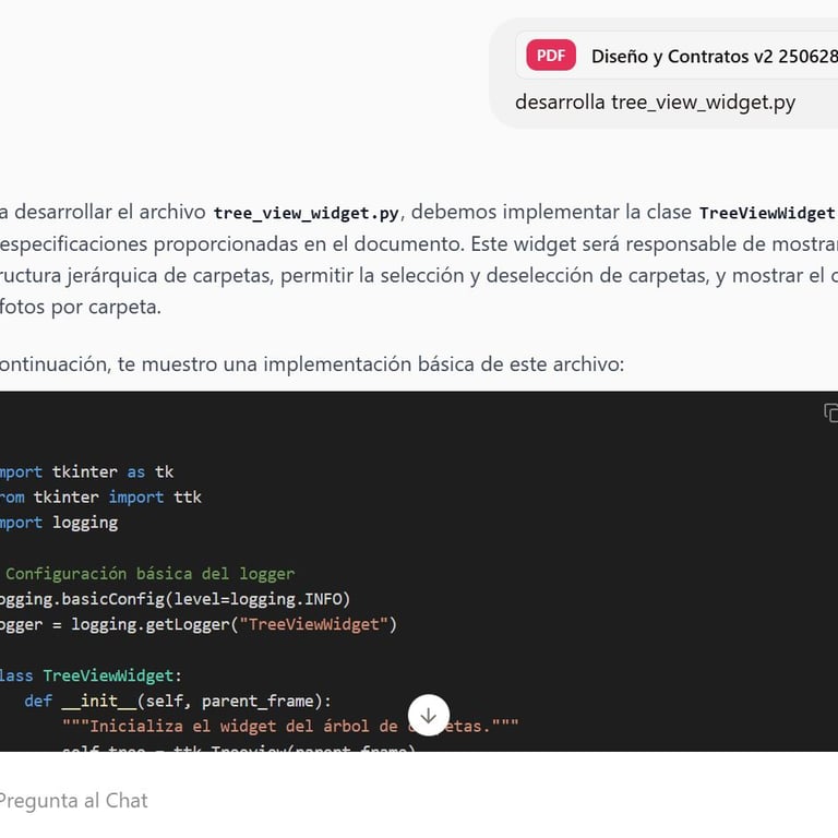 Captura del chat con Mistral mientras desarrolla el componente tree_view_widget.py.