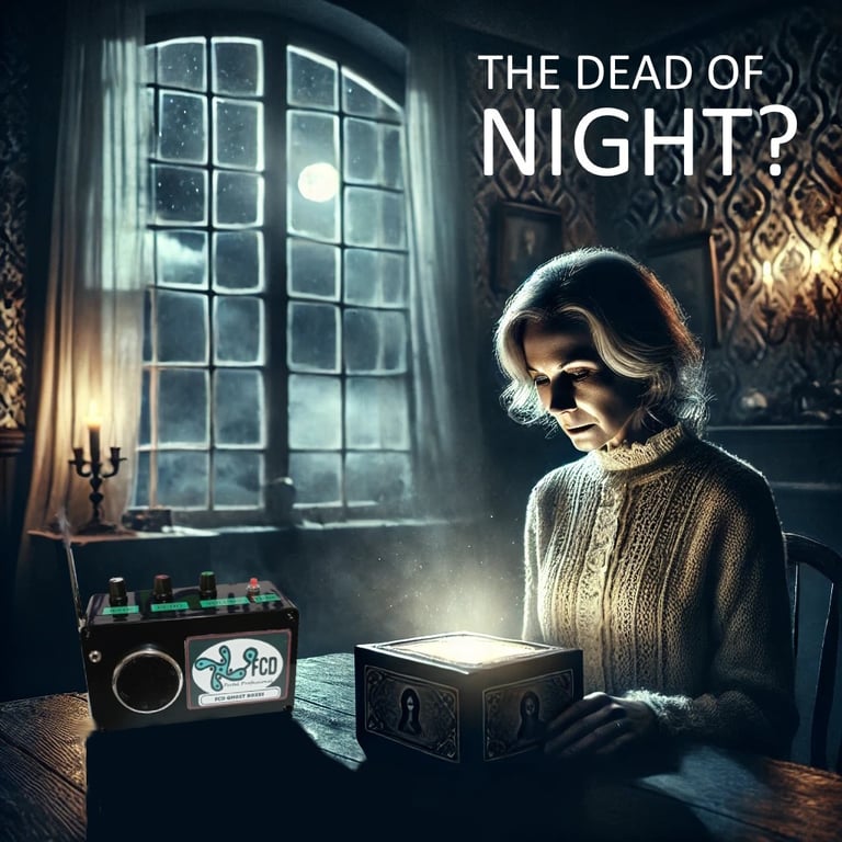 old woman sat at table with spirit box