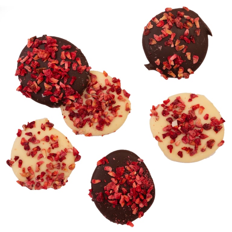 Chocolade schijfjes met framboos wit en puur