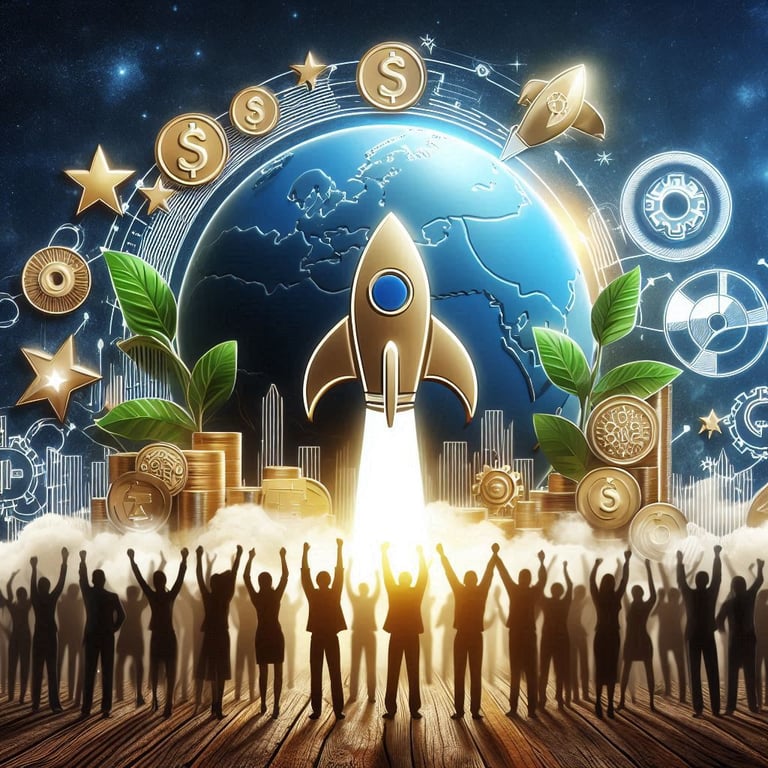 DAO system. A group of people standing around a rocket celebrating their success