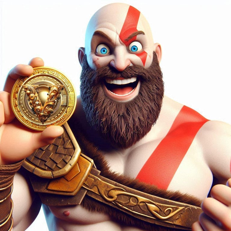Vestrum Play to Earn platform. a funny illustration of Kratos the god of war happy with holding VSTM