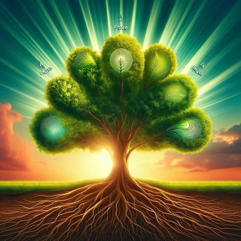 a lush, green tree with five distinct branches, each representing a phase of growth