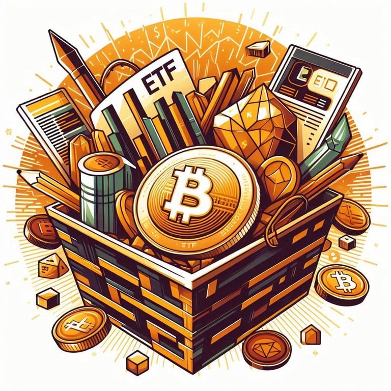 ETF basket. A basket of bitcoin and other cryptocurrency coins and a globe in the foreground