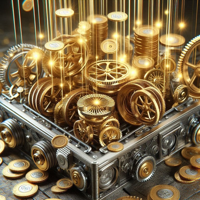 Staking Platform. A complex mechanical system with exposed gears that produce wealth