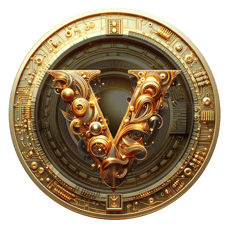 a golden VSTM coin with a golden letter v on it