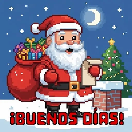 Santa Claus pixeleado sosteniendo regalos de Navidad junto a la frase Buenos días estilo retro