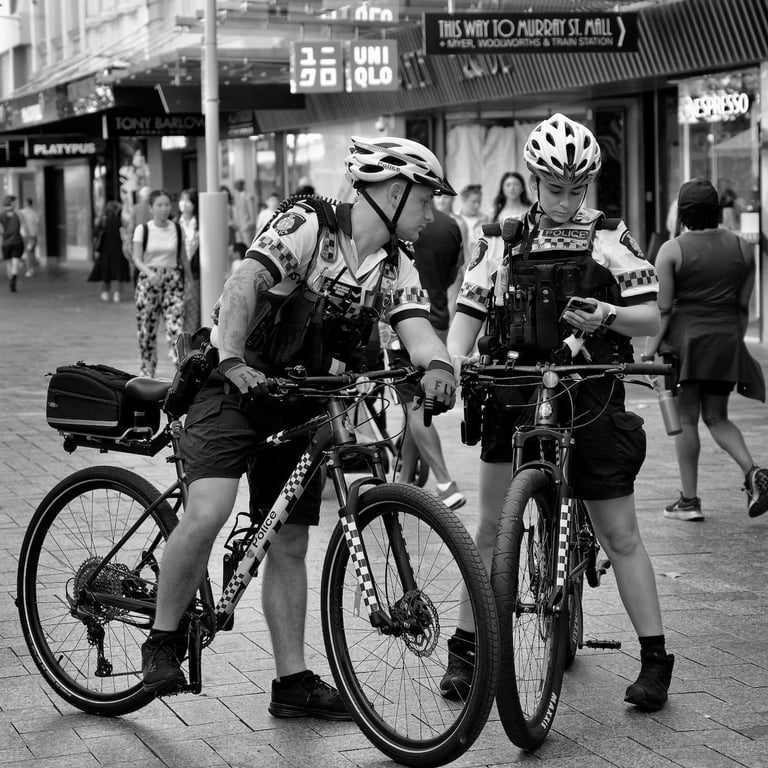 Two police officers on bikes in Perth City, Australia