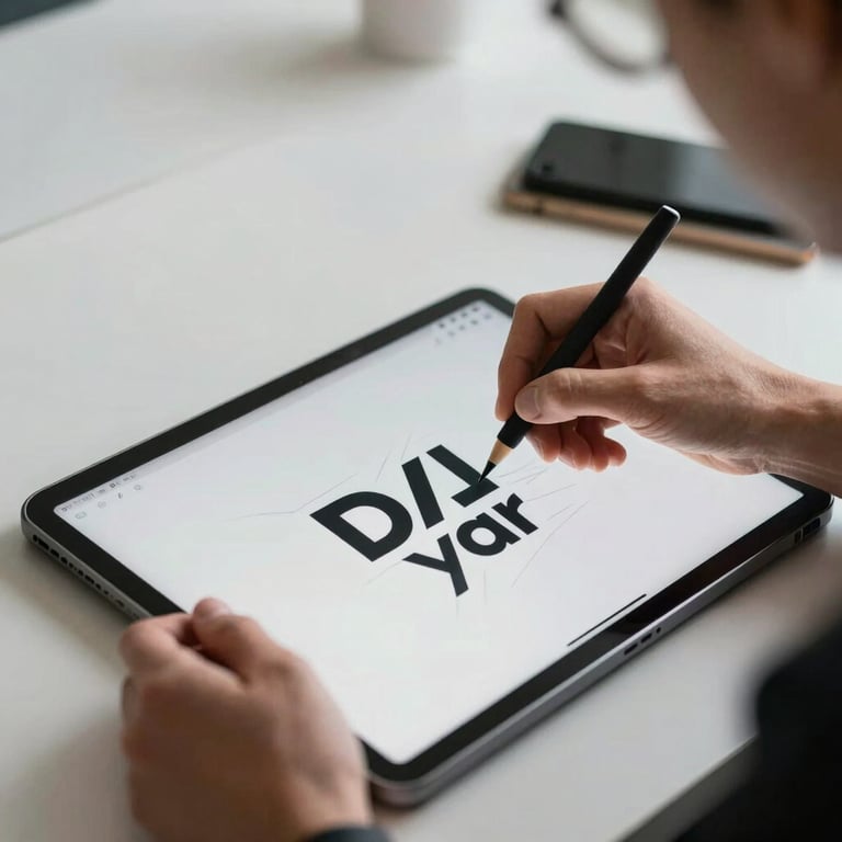 A designer's hand sketching a bold brand logo on a modern digital tablet, set in a professional North American / US creative studio with Soft Ice White walls.