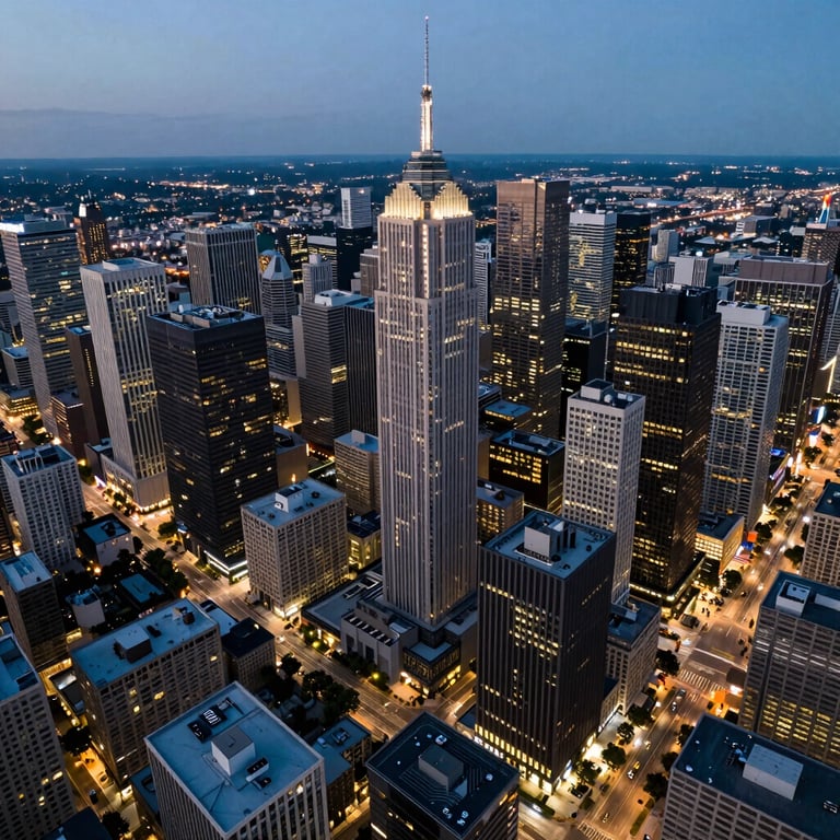 An aerial view of a bustling North American / US tech hub at dusk, capturing the fast-paced, high-end energy of a modern city center.