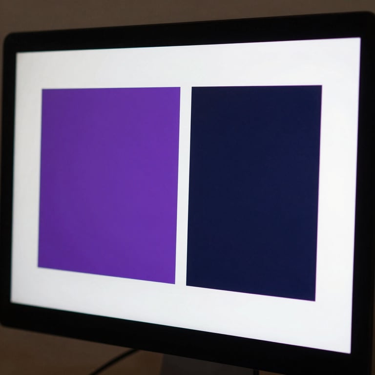 Close-up of a high-resolution display showing a bold, minimalist brand identity with Amethyst Purple and Dark Midnight Navy accents.