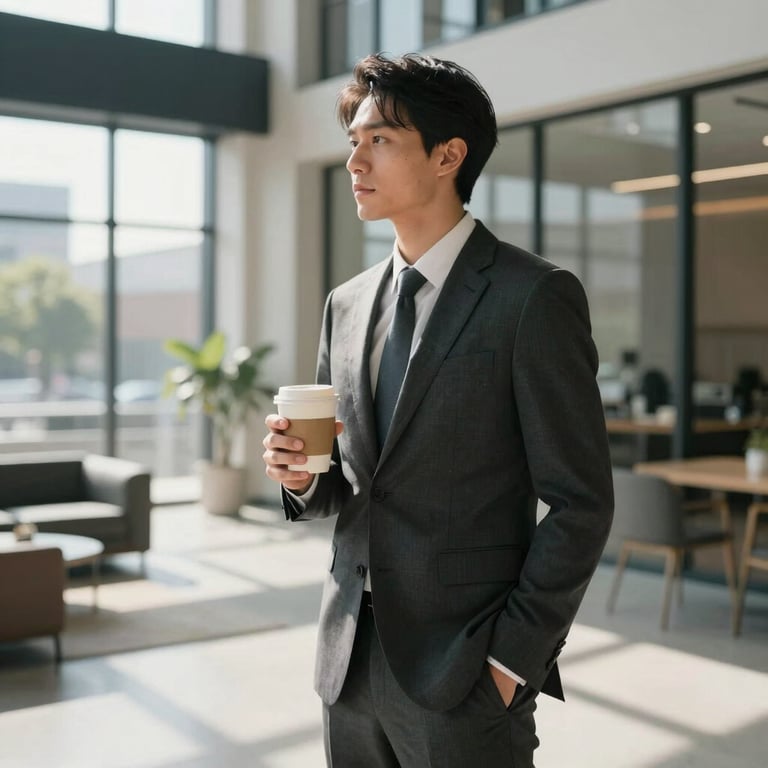 A high-end lifestyle shot of a professional in business attire holding a coffee cup in a sunlit North American / US loft with modern architecture.