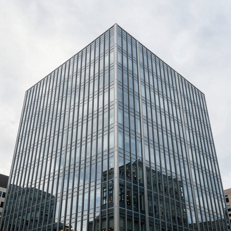 A clean, architectural shot of a modern glass office building in a North American / US metropolitan area, reflecting a Soft Ice White sky.