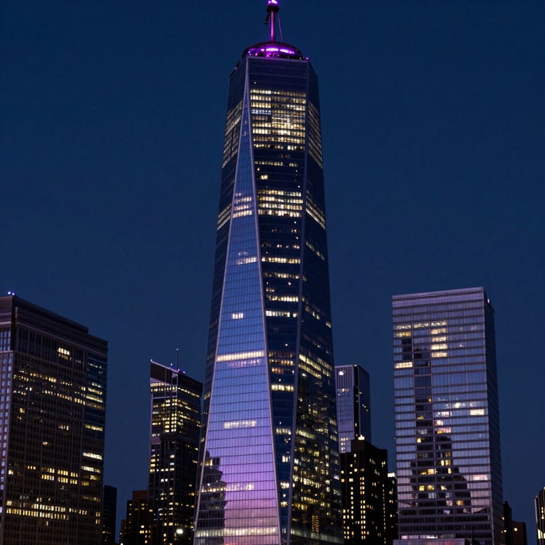 A sleek skyscraper in a major North American / US city at twilight, glowing with Twilight Blue and Amethyst Purple lights against a Dark Midnight Navy sky.