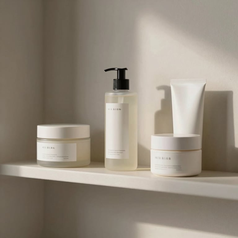 A minimalist bathroom shelf featuring simple, elegant product packaging, natural soft lighting, clean lines.