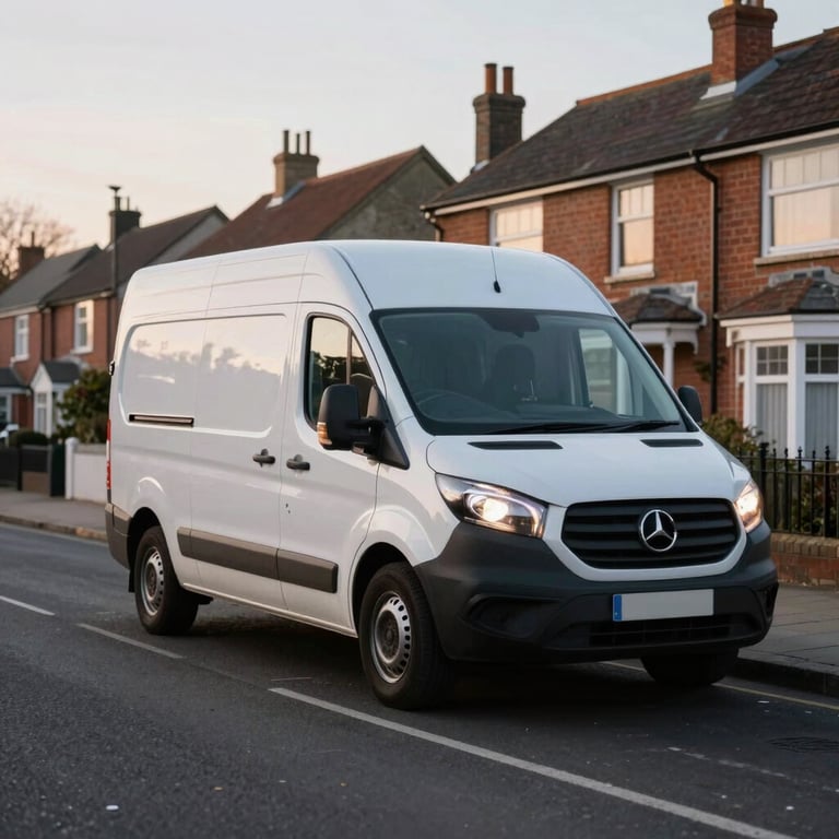A high-quality photograph of a delivery van parked on a quiet, clean residential street in a British neighborhood, soft evening light.