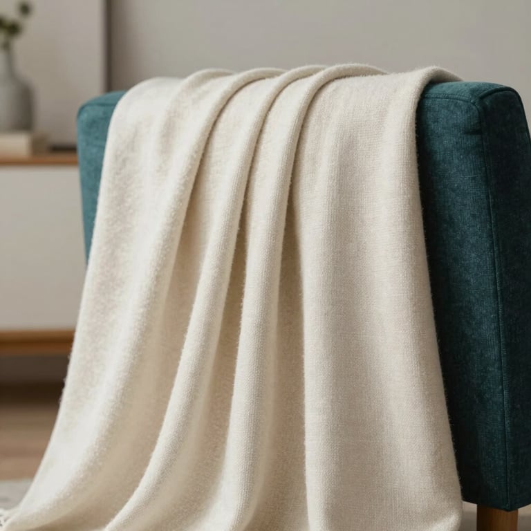 A cozy living room setting with a high-quality textile throw draped over a chair, soft focused background, off-white and deep teal tones.