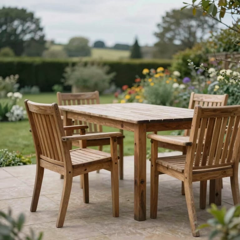 Soft-focus image of a garden patio with high-quality wooden furniture, captured during a bright but overcast day in the UK.