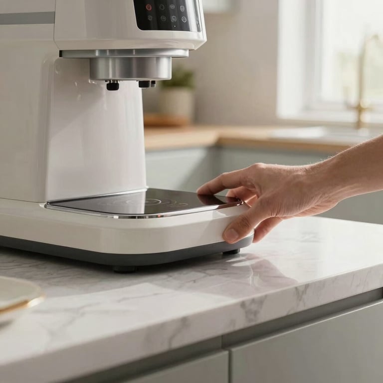 Close-up of a hand placing a sleek kitchen appliance on a clean marble countertop, bright morning light, modern British home.