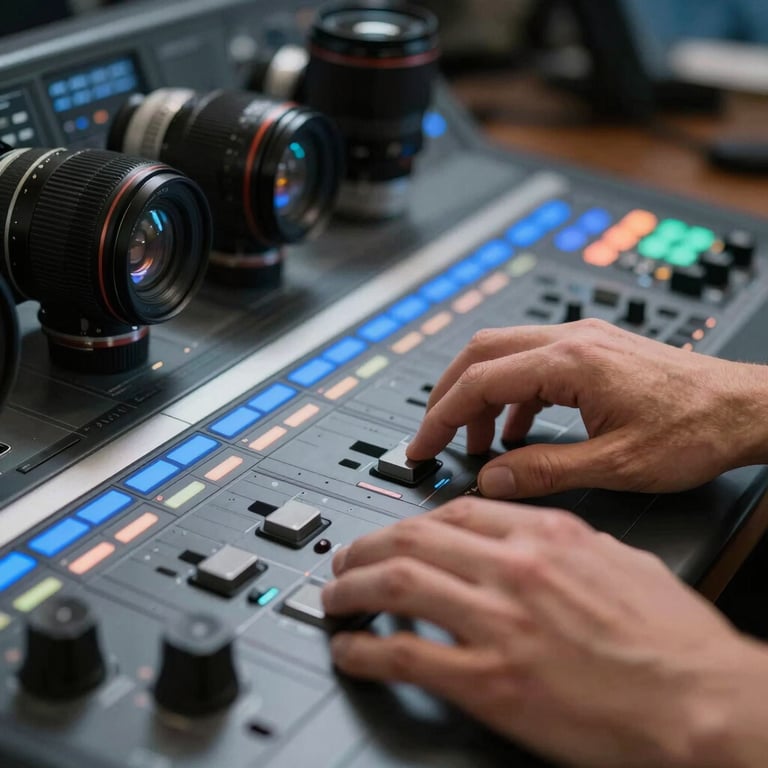 Close-up of hands on a professional color-grading console, subtle electric blue backlights casting sharp shadows, macro shot of camera lenses in the background.