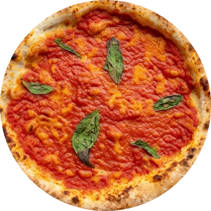 Classic Italian Neapolitan marinara pizza with tomato sauce, fresh basil, and a charred wood-fired crust.