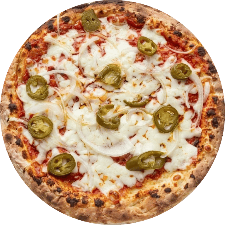 Freshly baked spicy pizza with melted mozzarella cheese, sliced onions, and green jalapeños on a thin crust.