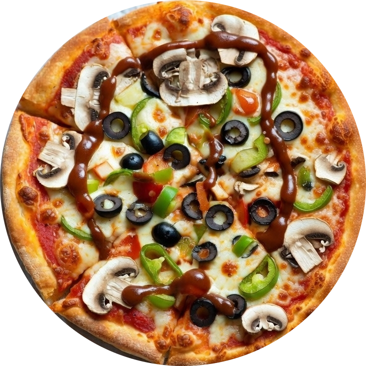 Fresh veggie pizza with mushrooms, black olives, green peppers, and a drizzle of savory brown sauce.