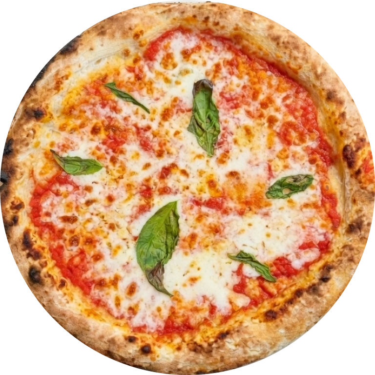 Fresh Neapolitan Margherita pizza with tomato sauce, melted mozzarella cheese, and green basil leaves.