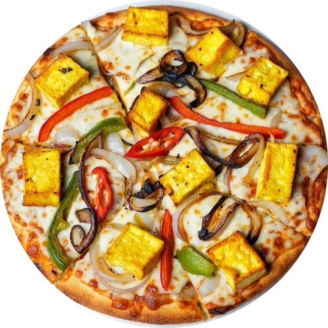 Vegetarian masala paneer pizza topped with cubed cheese, bell peppers, and caramelized onions.
