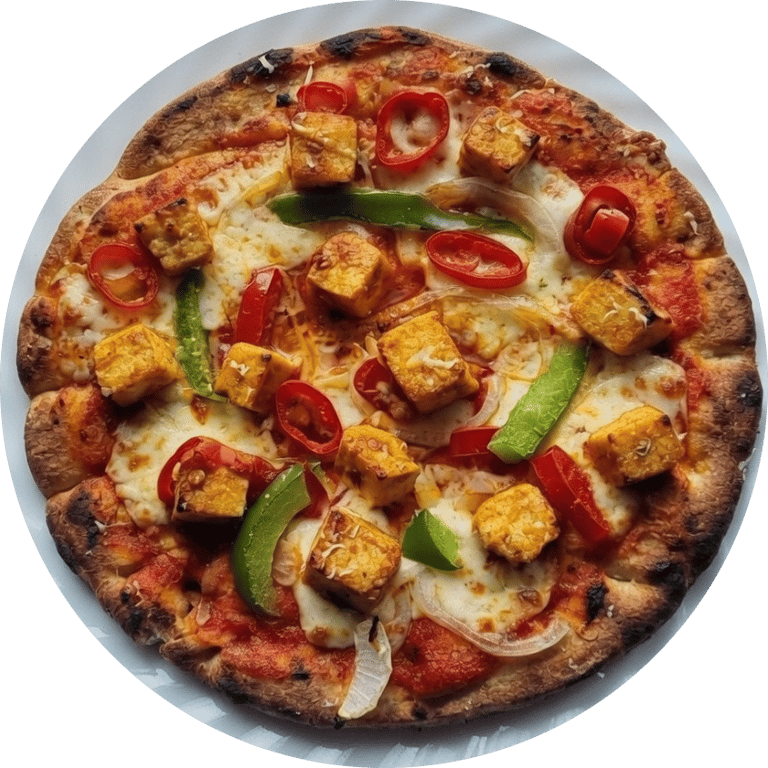 Cottage cheese pizza topped with fresh peppers, onions, and red chilies on a crispy thin crust.