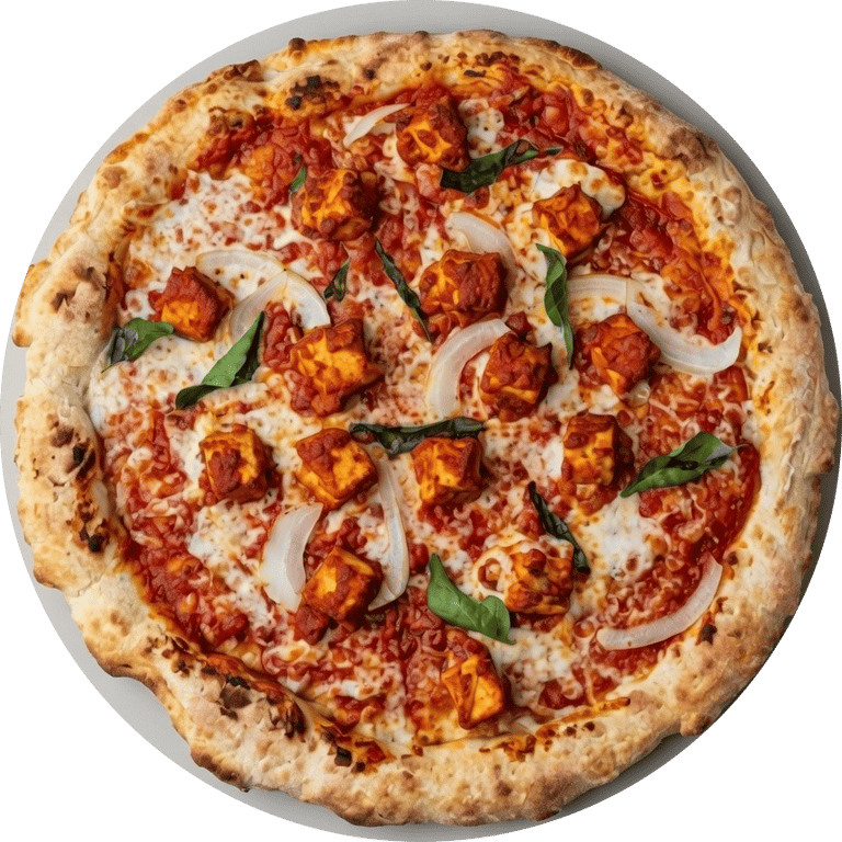 Freshly baked paneer ghee roast pizza with onions and curry leaves on a crispy crust.