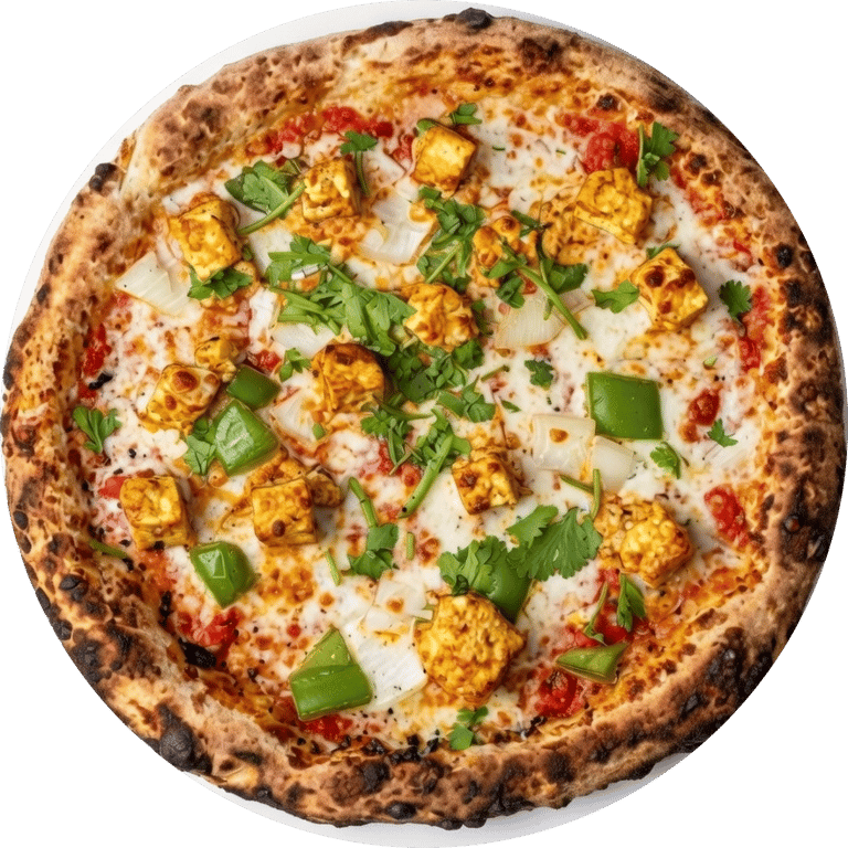 Fresh paneer tikka pizza with bell peppers, onions, and cilantro on a wood-fired crust.
