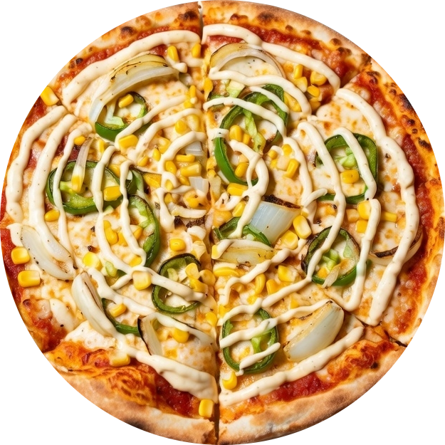 Vegetarian pizza topped with corn, green peppers, onions, and a creamy jalapeño sauce drizzle.